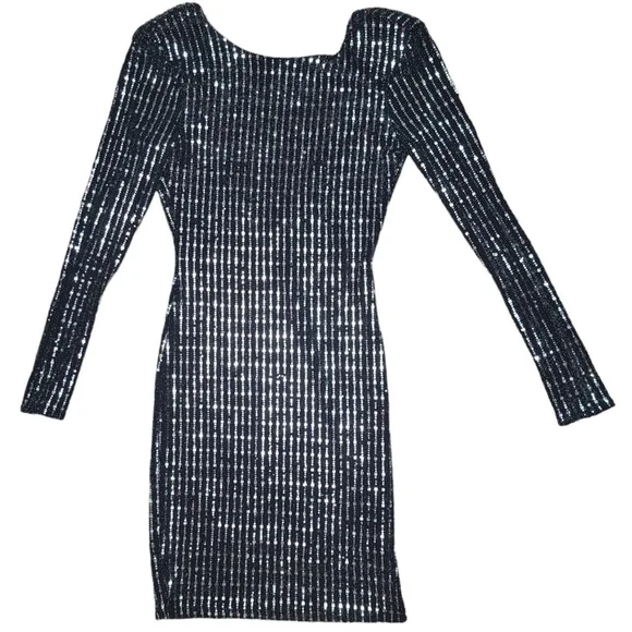Fashion Nova | Dresses | Fashion Nova Shiny Bodycon Open Back Dress Disco  Silver Black Long Sleeve | Poshmark